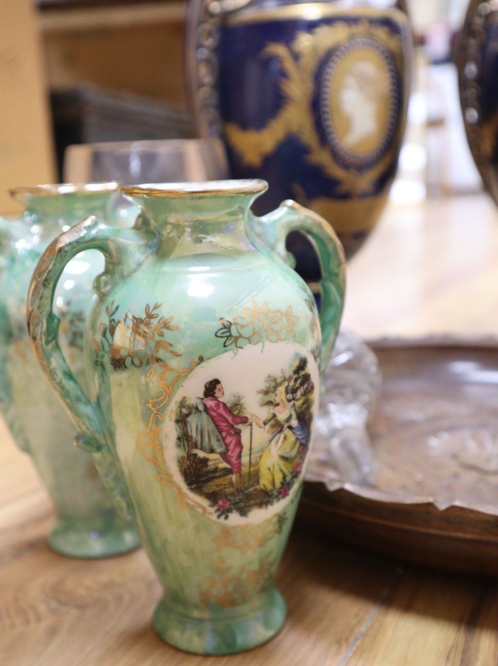 Two pairs of vases, 33cm, glassware and wood plate